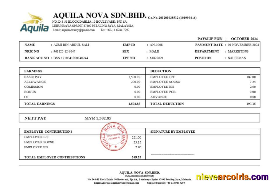 Aquila Nova consultant in Singapore payslip